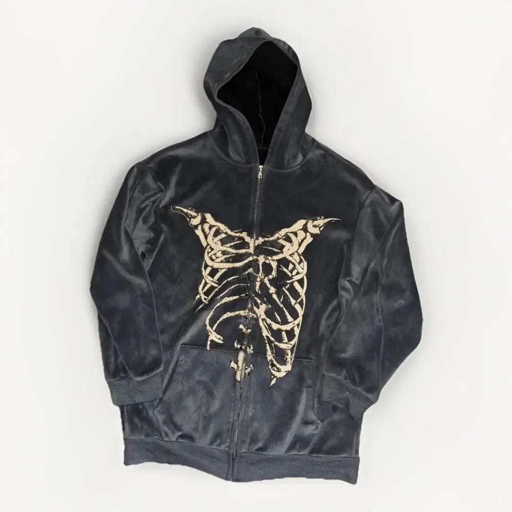 Velour Full Zip Skeleton Hoodie Gray Men’s Medium Gothic Y2K Grunge 19x25 - Picture 1 of 7